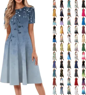 Summer Dresses for Women 2025,Trendy Elegant Floral Short Sleeve Maxi Dress,Casual Round Neck Ruffle Hem Dresses with Pockets
