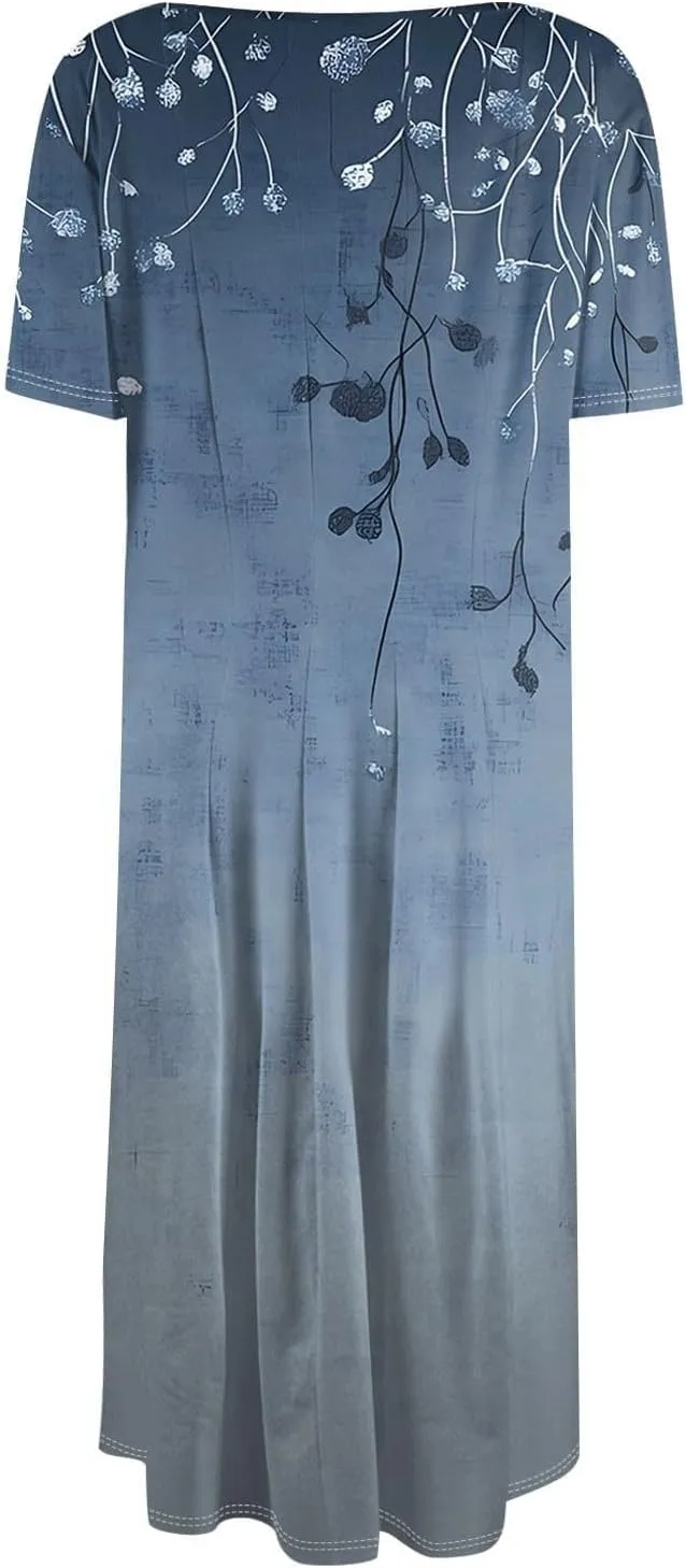 Summer Dresses for Women 2025,Trendy Elegant Floral Short Sleeve Maxi Dress,Casual Round Neck Ruffle Hem Dresses with Pockets