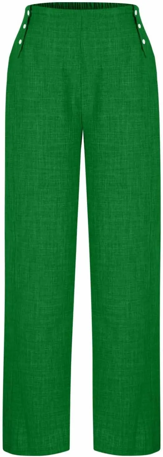 Summer Pants for Women 2025 Dressy High Waisted Linen Pants Women Button Beach Wide Leg Trousers with Pockets
