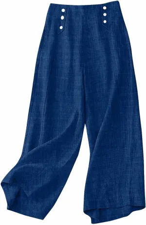 Summer Pants for Women 2025 Dressy High Waisted Linen Pants Women Button Beach Wide Leg Trousers with Pockets
