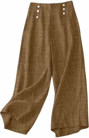 Summer Pants for Women 2025 Dressy High Waisted Linen Pants Women Button Beach Wide Leg Trousers with Pockets