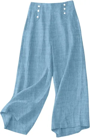 Summer Pants for Women 2025 Dressy High Waisted Linen Pants Women Button Beach Wide Leg Trousers with Pockets
