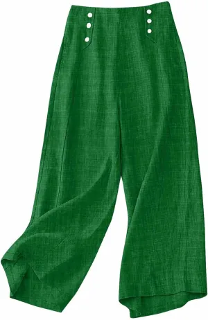 Summer Pants for Women 2025 Dressy High Waisted Linen Pants Women Button Beach Wide Leg Trousers with Pockets