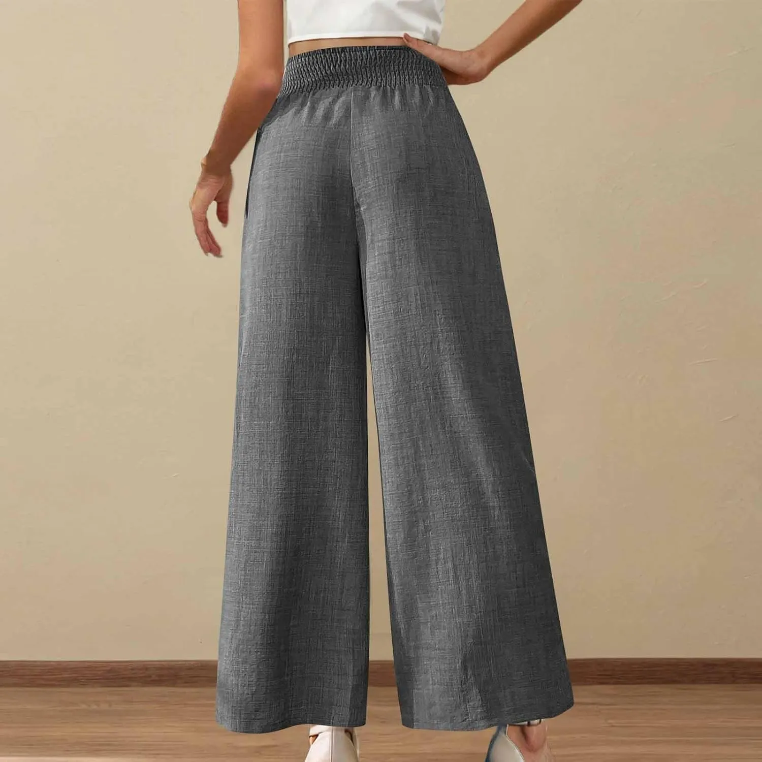 Summer Pants for Women High Waisted Wide Leg Linen Pants Women Petite Casual Dressy Beach Baggy Pants with Pockets