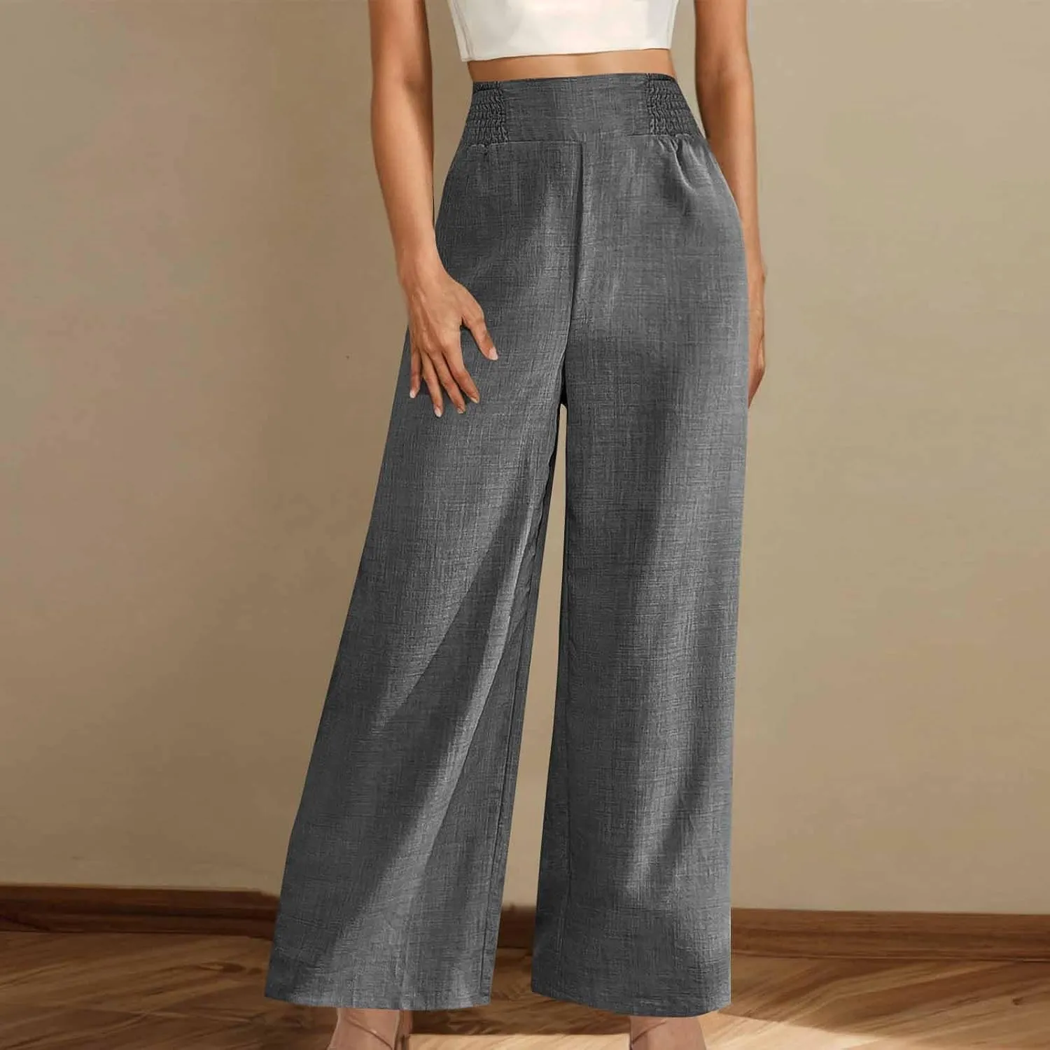 Summer Pants for Women High Waisted Wide Leg Linen Pants Women Petite Casual Dressy Beach Baggy Pants with Pockets
