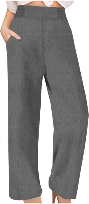 Summer Pants for Women High Waisted Wide Leg Linen Pants Women Petite Casual Dressy Beach Baggy Pants with Pockets