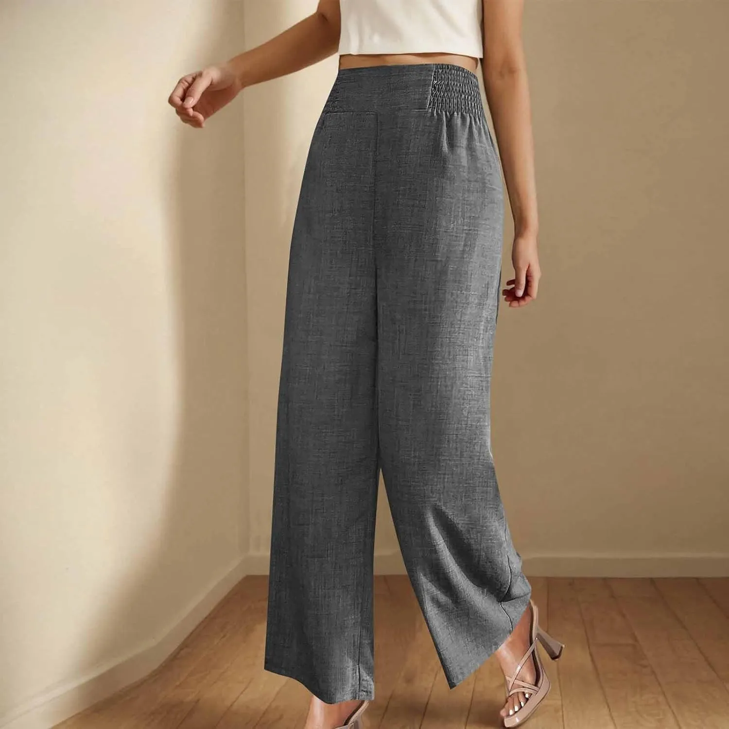 Summer Pants for Women High Waisted Wide Leg Linen Pants Women Petite Casual Dressy Beach Baggy Pants with Pockets