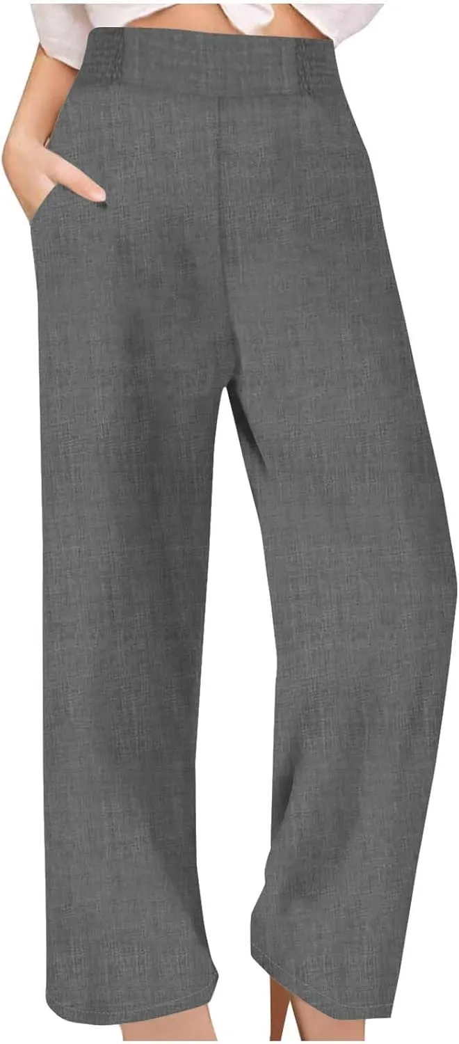 Summer Pants for Women High Waisted Wide Leg Linen Pants Women Petite Casual Dressy Beach Baggy Pants with Pockets