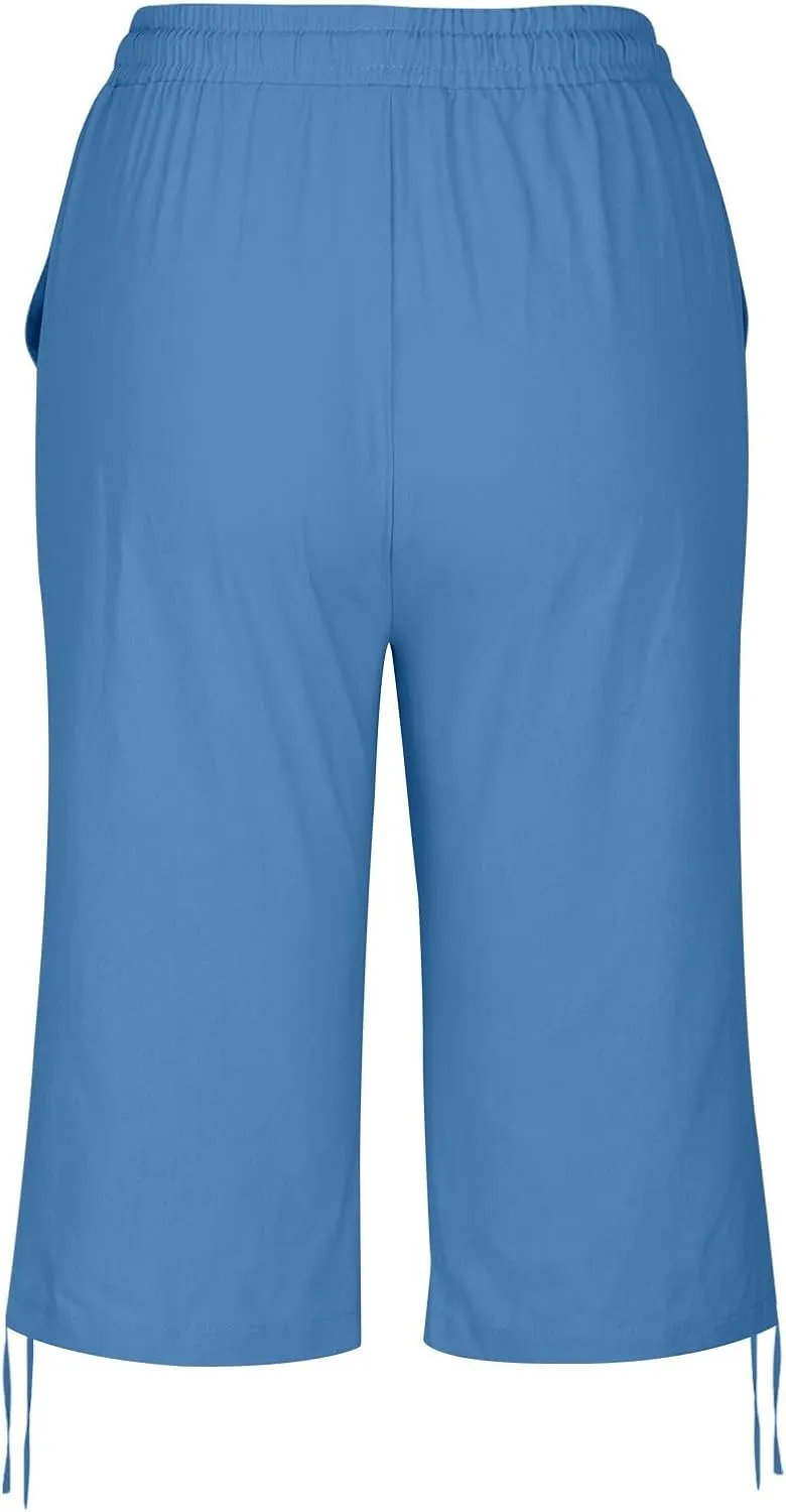 Summer Plus Size Capris for Women Knee Length Cotton Linen Elastic Waist Drawstring Bermuda Shorts with Pockets