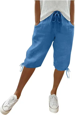 Summer Plus Size Capris for Women Knee Length Cotton Linen Elastic Waist Drawstring Bermuda Shorts with Pockets