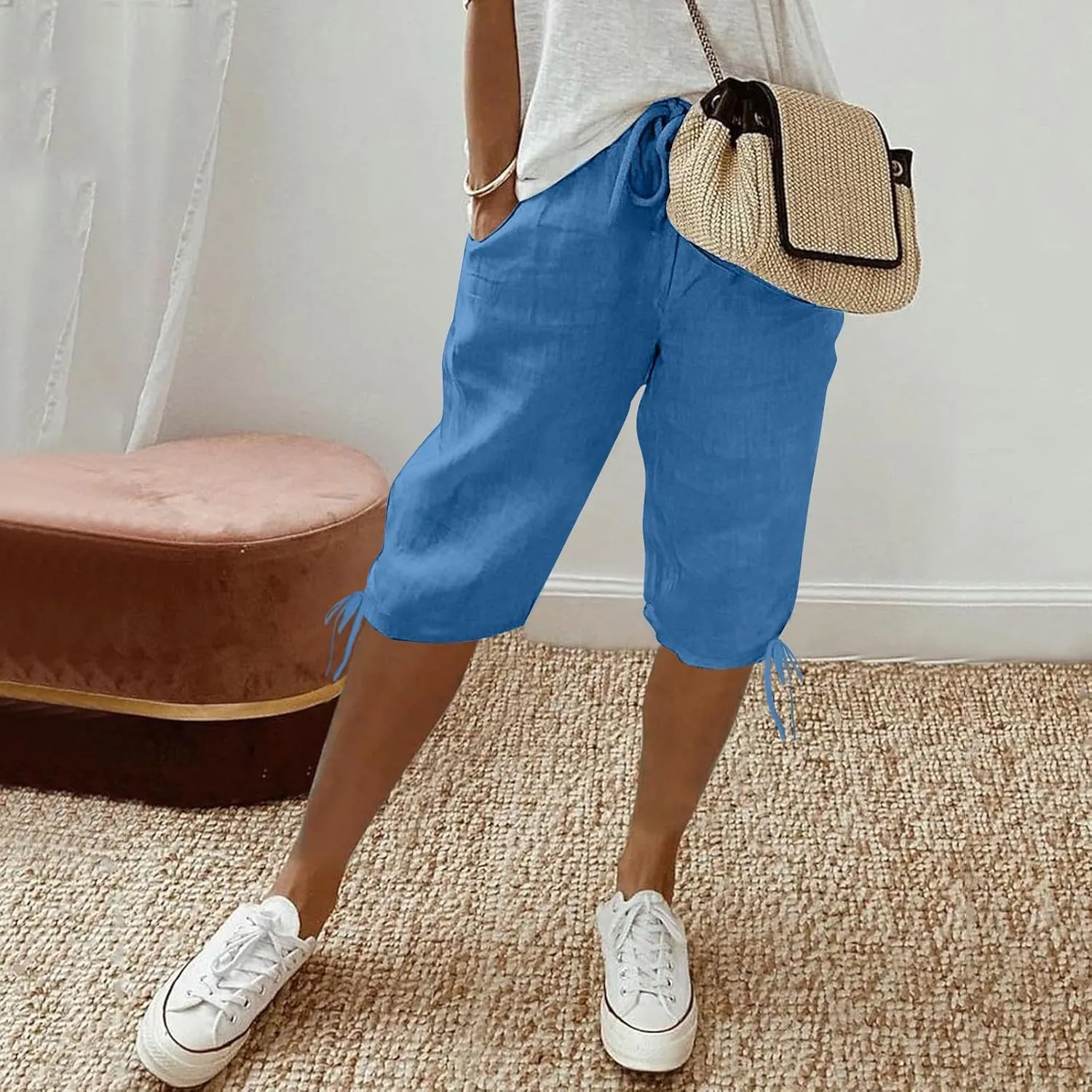 Summer Plus Size Capris for Women Knee Length Cotton Linen Elastic Waist Drawstring Bermuda Shorts with Pockets