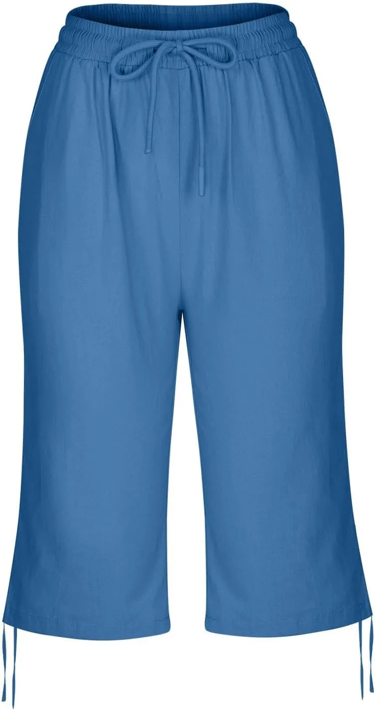 Summer Plus Size Capris for Women Knee Length Cotton Linen Elastic Waist Drawstring Bermuda Shorts with Pockets