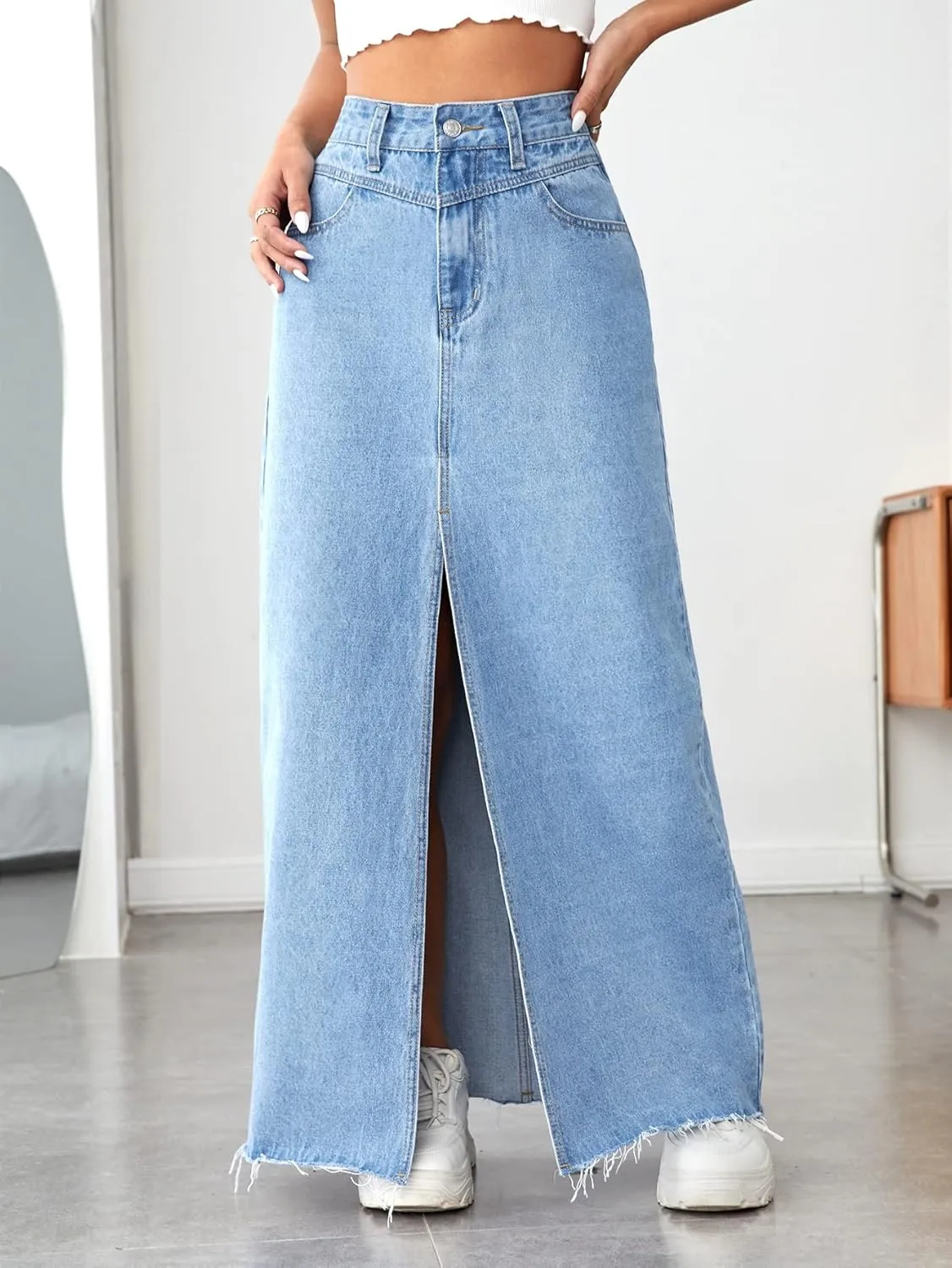 SweatyRocks Women's Wrap Waist Zipper Fly Raw Hem Denim Skirt Split Thigh Maxi Skirts