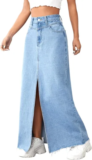 SweatyRocks Women's Wrap Waist Zipper Fly Raw Hem Denim Skirt Split Thigh Maxi Skirts