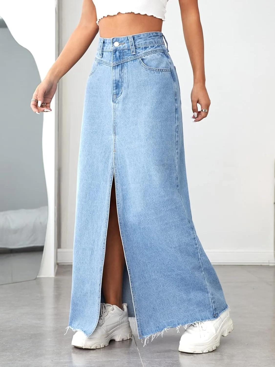 SweatyRocks Women's Wrap Waist Zipper Fly Raw Hem Denim Skirt Split Thigh Maxi Skirts