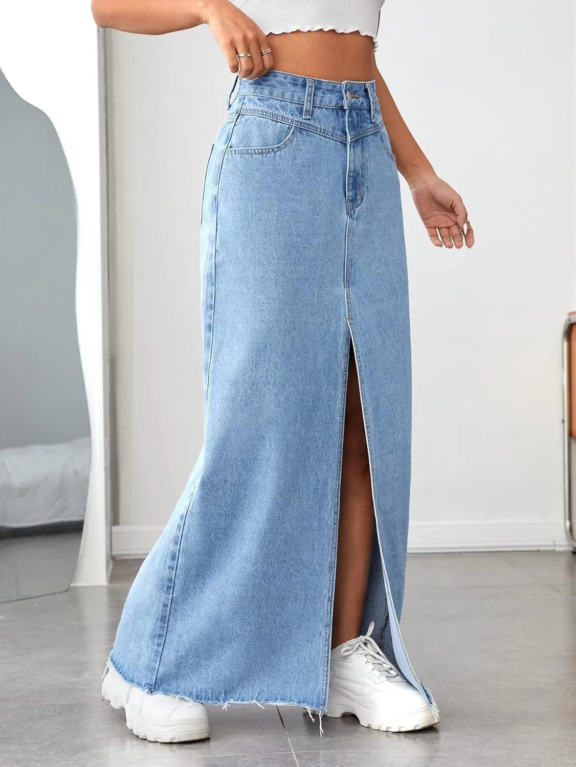 SweatyRocks Women's Wrap Waist Zipper Fly Raw Hem Denim Skirt Split Thigh Maxi Skirts