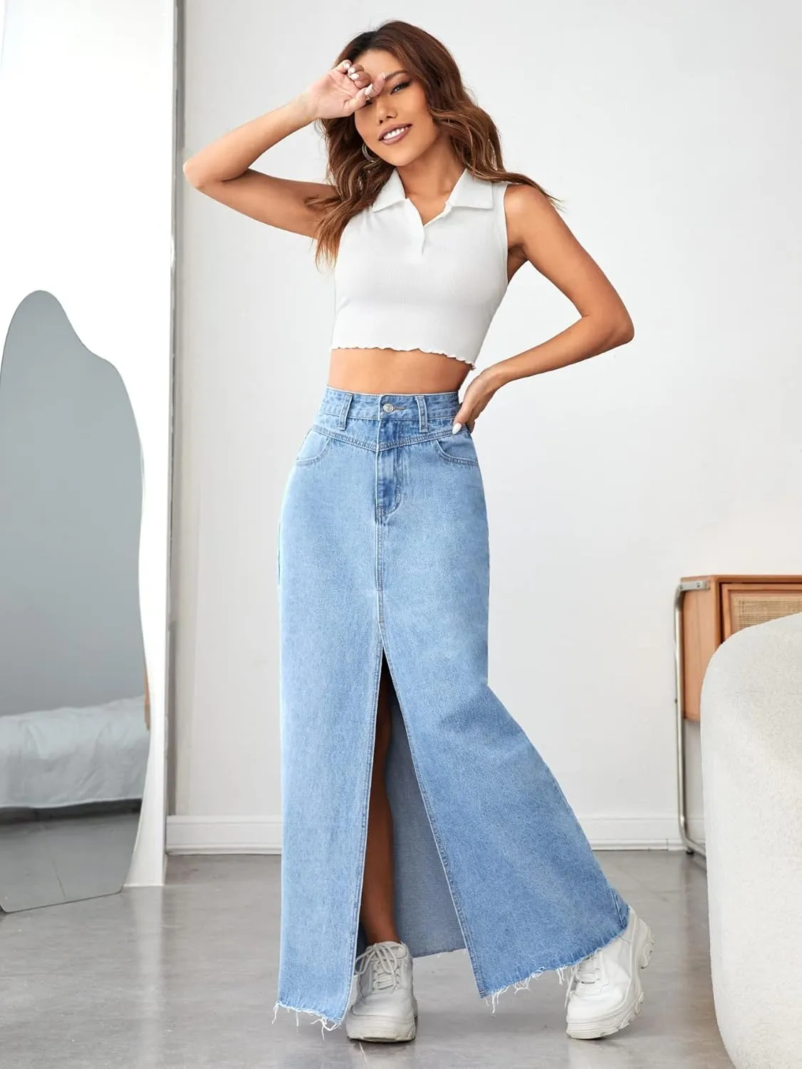 SweatyRocks Women's Wrap Waist Zipper Fly Raw Hem Denim Skirt Split Thigh Maxi Skirts