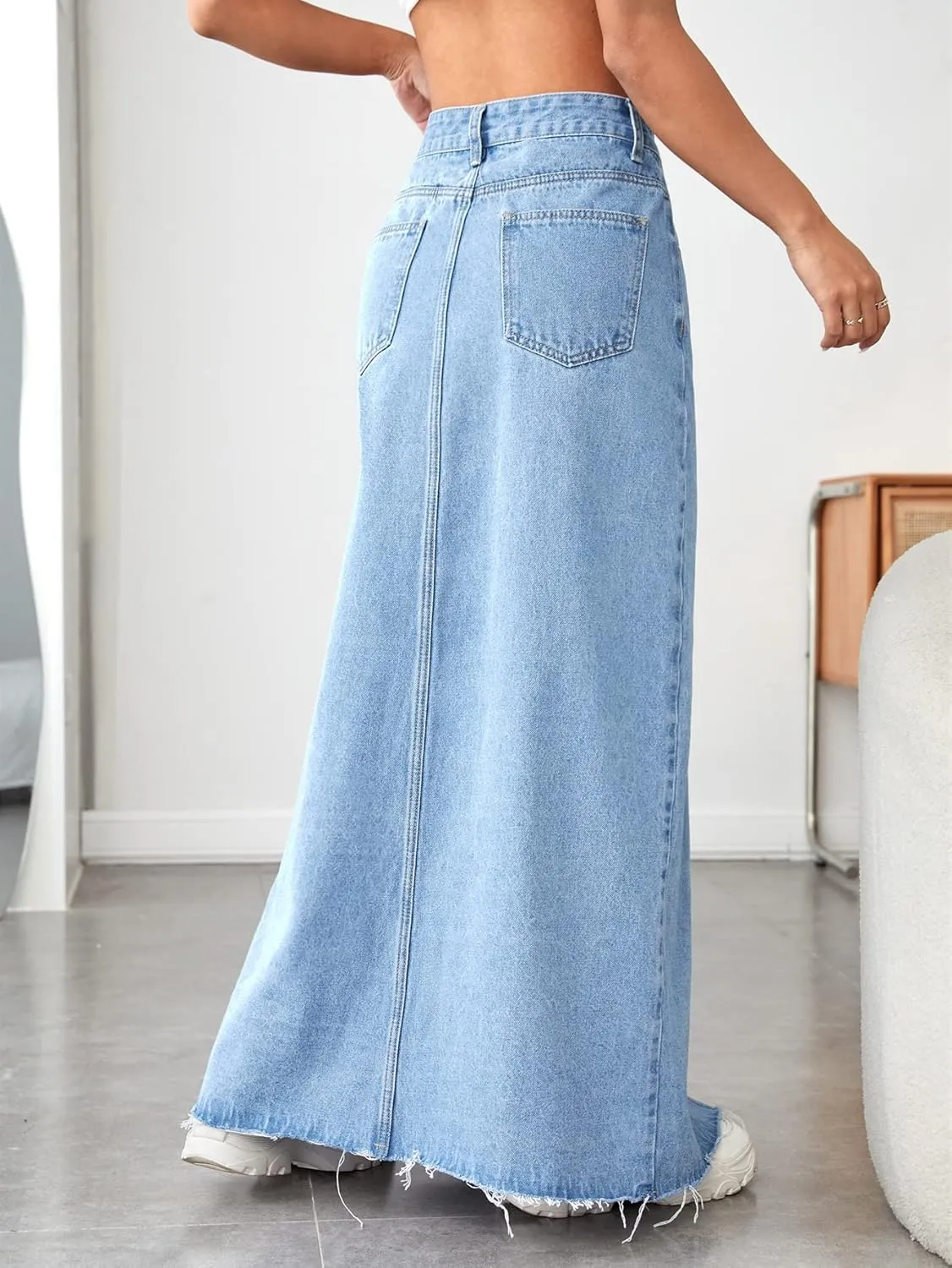 SweatyRocks Women's Wrap Waist Zipper Fly Raw Hem Denim Skirt Split Thigh Maxi Skirts