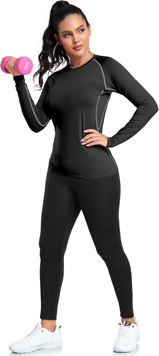 TELALEO 4 Pack Women's Compression Shirt Long Sleeve Performance Workout Baselayer Athletic Top Sports Gear