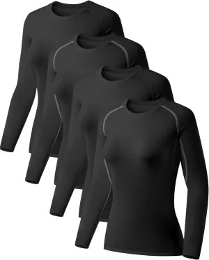 TELALEO 4 Pack Women's Compression Shirt Long Sleeve Performance Workout Baselayer Athletic Top Sports Gear