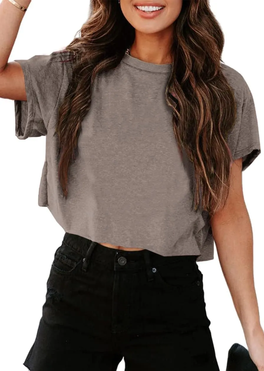 UNCLECAT Women's Cropped T Shirts Trendy Short Sleeve Crew Neck Crop Tops Solid Basic Tee