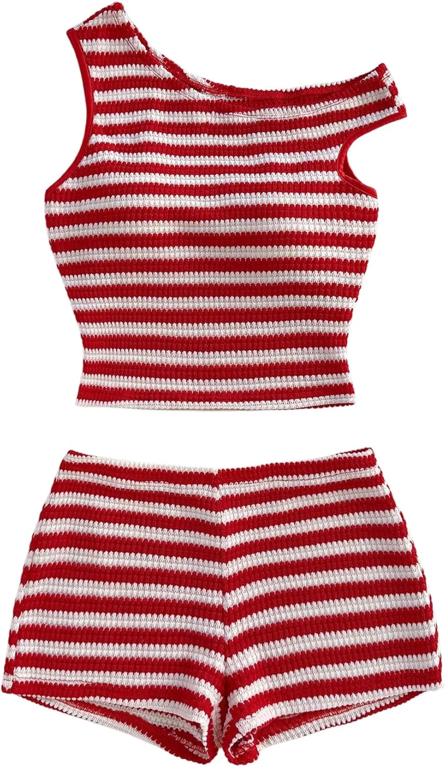 Verdusa Women's 2 Piece Striped Outfits Off The Shoulder Crop Tops and Mini Shorts Set