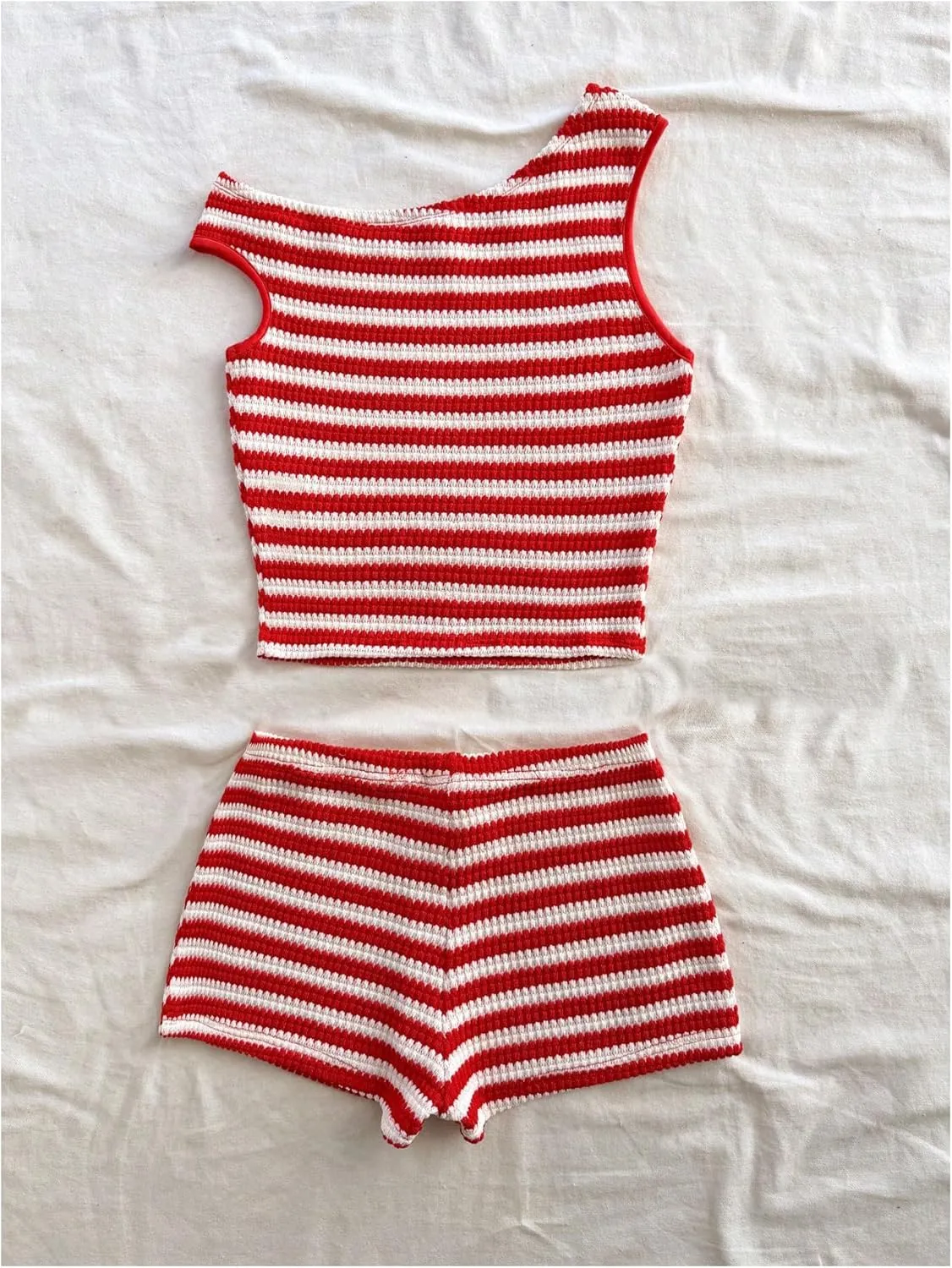 Verdusa Women's 2 Piece Striped Outfits Off The Shoulder Crop Tops and Mini Shorts Set