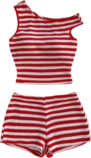 Verdusa Women's 2 Piece Striped Outfits Off The Shoulder Crop Tops and Mini Shorts Set