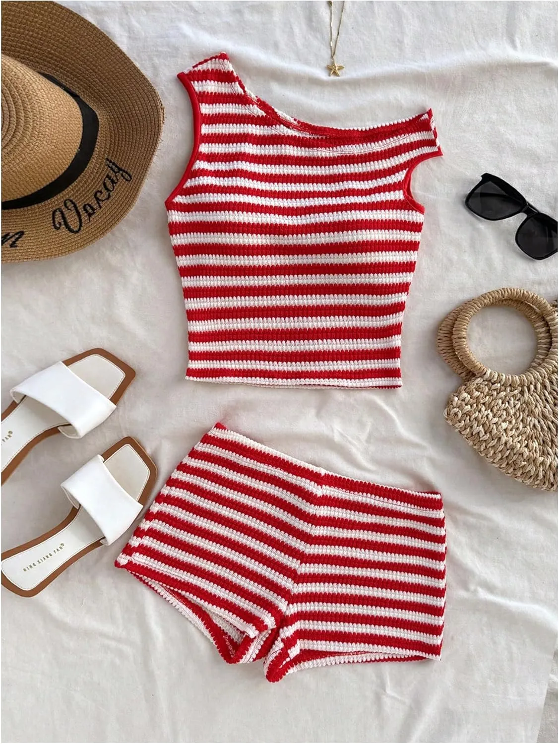 Verdusa Women's 2 Piece Striped Outfits Off The Shoulder Crop Tops and Mini Shorts Set
