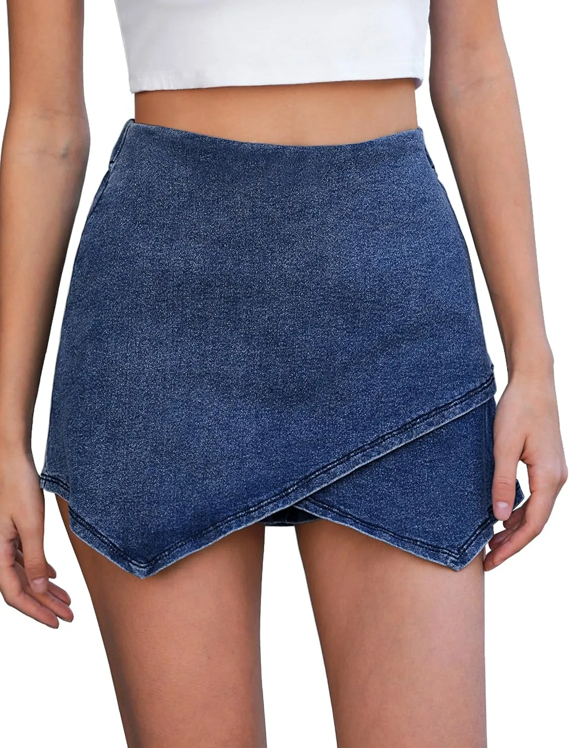 Vetinee Jean Skorts for Woman High Waisted Pull On Elastic Waist Wrap Asymmetrical Stretch Denim Skort Skirt with Shorts