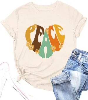 Vintage 60s 70s Peace Shirts Women Groovy Floral Sunflower Graphic Hippie Lover T-Shirt Casual Short Sleeve Tees Tops