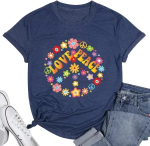 Vintage 60s 70s Peace Shirts Women Groovy Floral Sunflower Graphic Hippie Lover T-Shirt Casual Short Sleeve Tees Tops