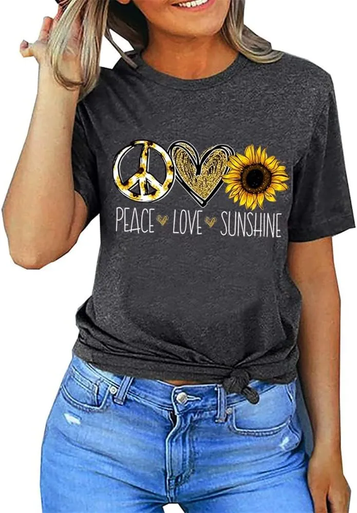 Vintage 60s 70s Peace Shirts Women Groovy Floral Sunflower Graphic Hippie Lover T-Shirt Casual Short Sleeve Tees Tops