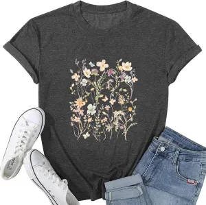 Vintage Floral Shirts for Women Cute Boho Wildflowers Graphic Tee Tops Casual Short Sleeved T-Shirt