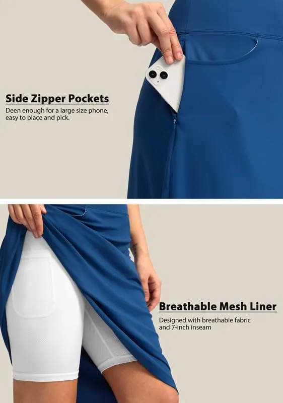 Viodia 25" Knee Length Skorts Skirts for Women with Zipper Pockets Stretchy Modest Aline Midi Skort for Casual Summer Travel