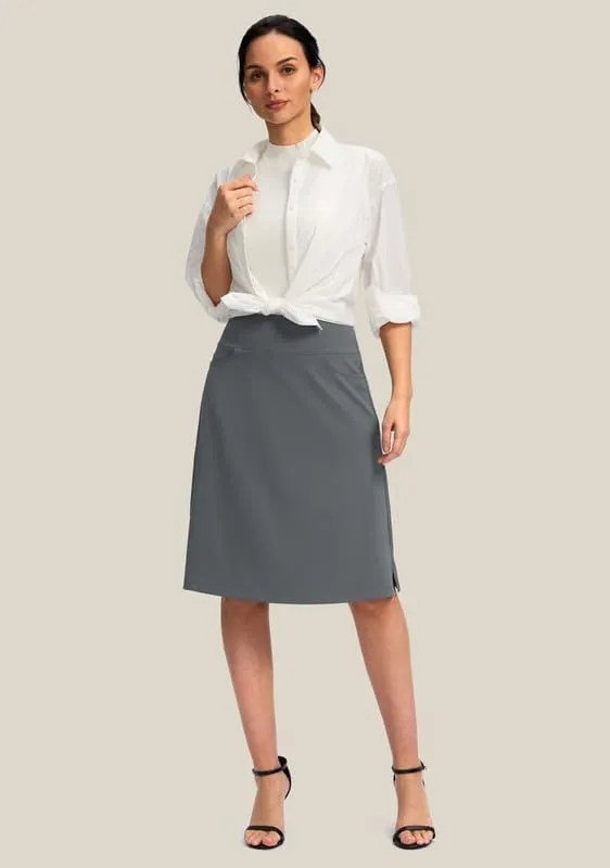 Viodia 25" Knee Length Skorts Skirts for Women with Zipper Pockets Stretchy Modest Aline Midi Skort for Casual Summer Travel