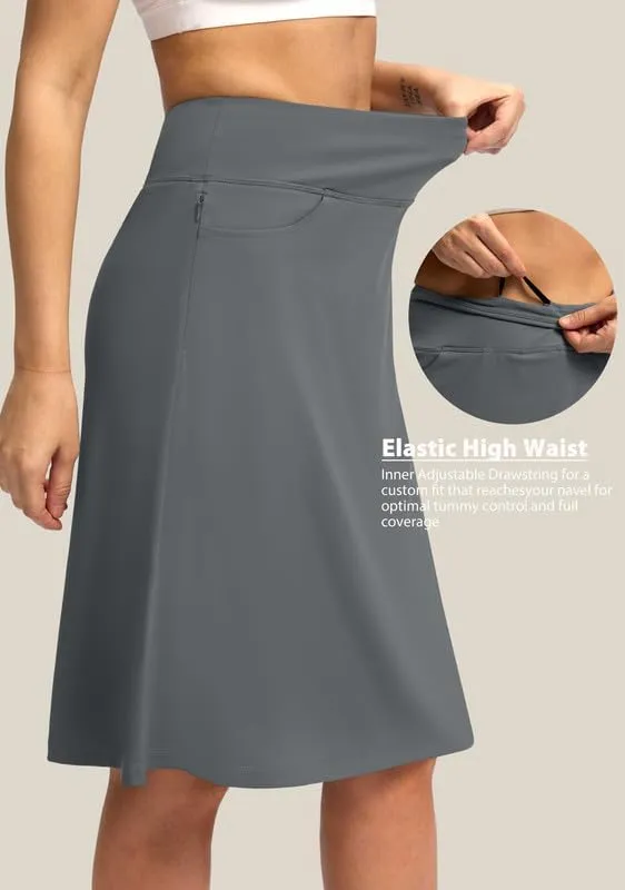 Viodia 25" Knee Length Skorts Skirts for Women with Zipper Pockets Stretchy Modest Aline Midi Skort for Casual Summer Travel