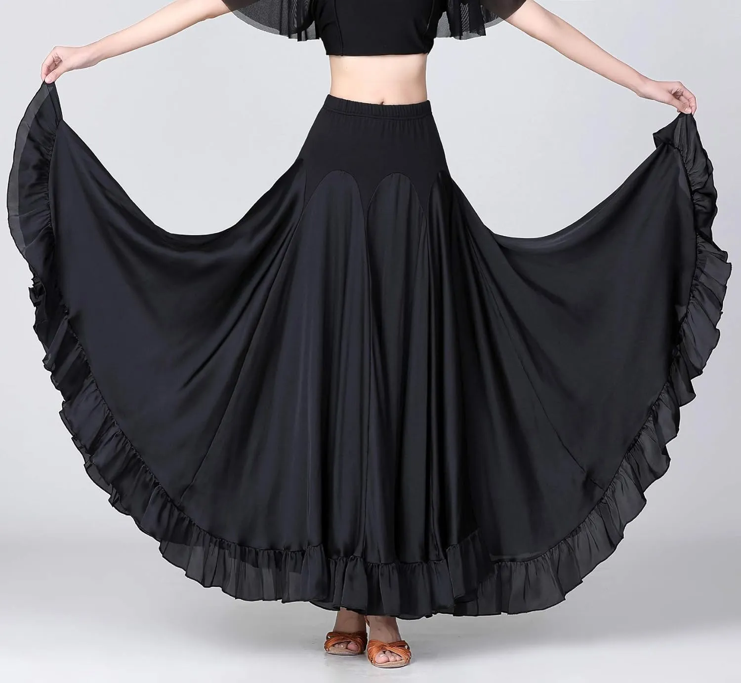 Whitewed Ruffle Hem Long Satin Godet Dance Skirt Maxi Ballroom Latin Practice Performance Costumes