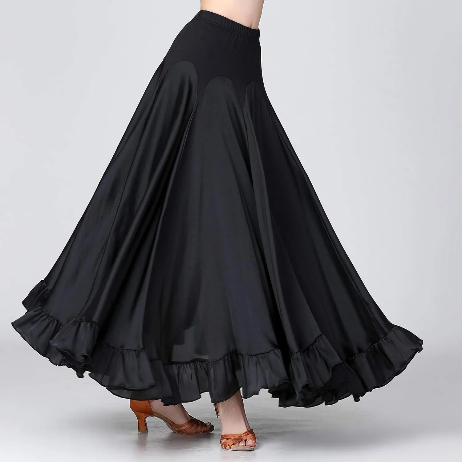 Whitewed Ruffle Hem Long Satin Godet Dance Skirt Maxi Ballroom Latin Practice Performance Costumes
