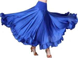 Whitewed Ruffle Hem Long Satin Godet Dance Skirt Maxi Ballroom Latin Practice Performance Costumes