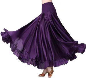 Whitewed Ruffle Hem Long Satin Godet Dance Skirt Maxi Ballroom Latin Practice Performance Costumes