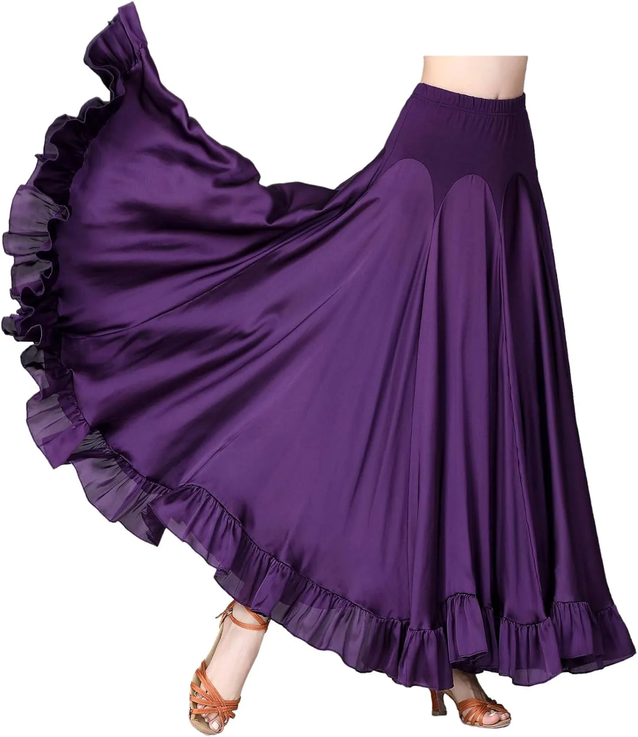 Whitewed Ruffle Hem Long Satin Godet Dance Skirt Maxi Ballroom Latin Practice Performance Costumes