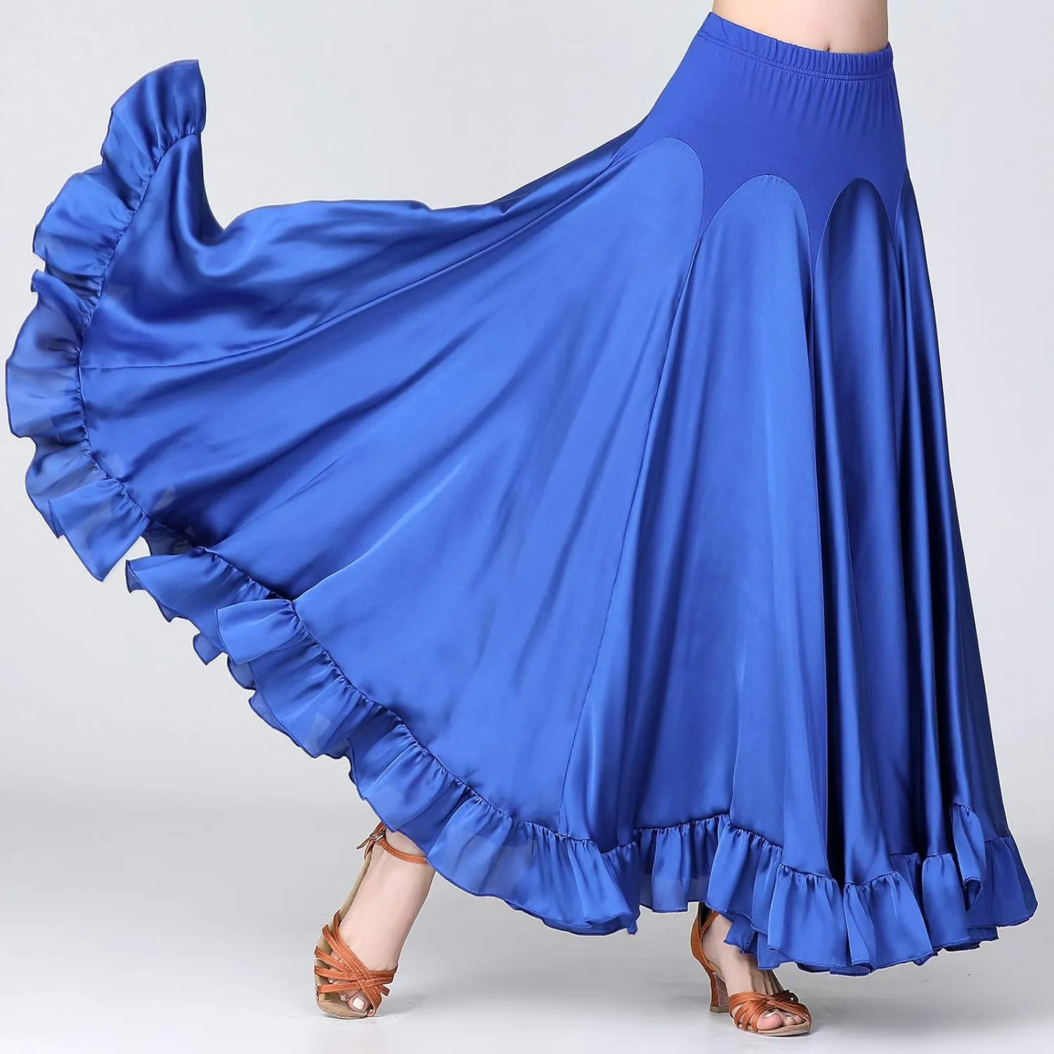 Whitewed Ruffle Hem Long Satin Godet Dance Skirt Maxi Ballroom Latin Practice Performance Costumes