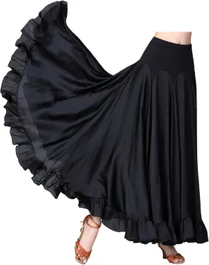 Whitewed Ruffle Hem Long Satin Godet Dance Skirt Maxi Ballroom Latin Practice Performance Costumes
