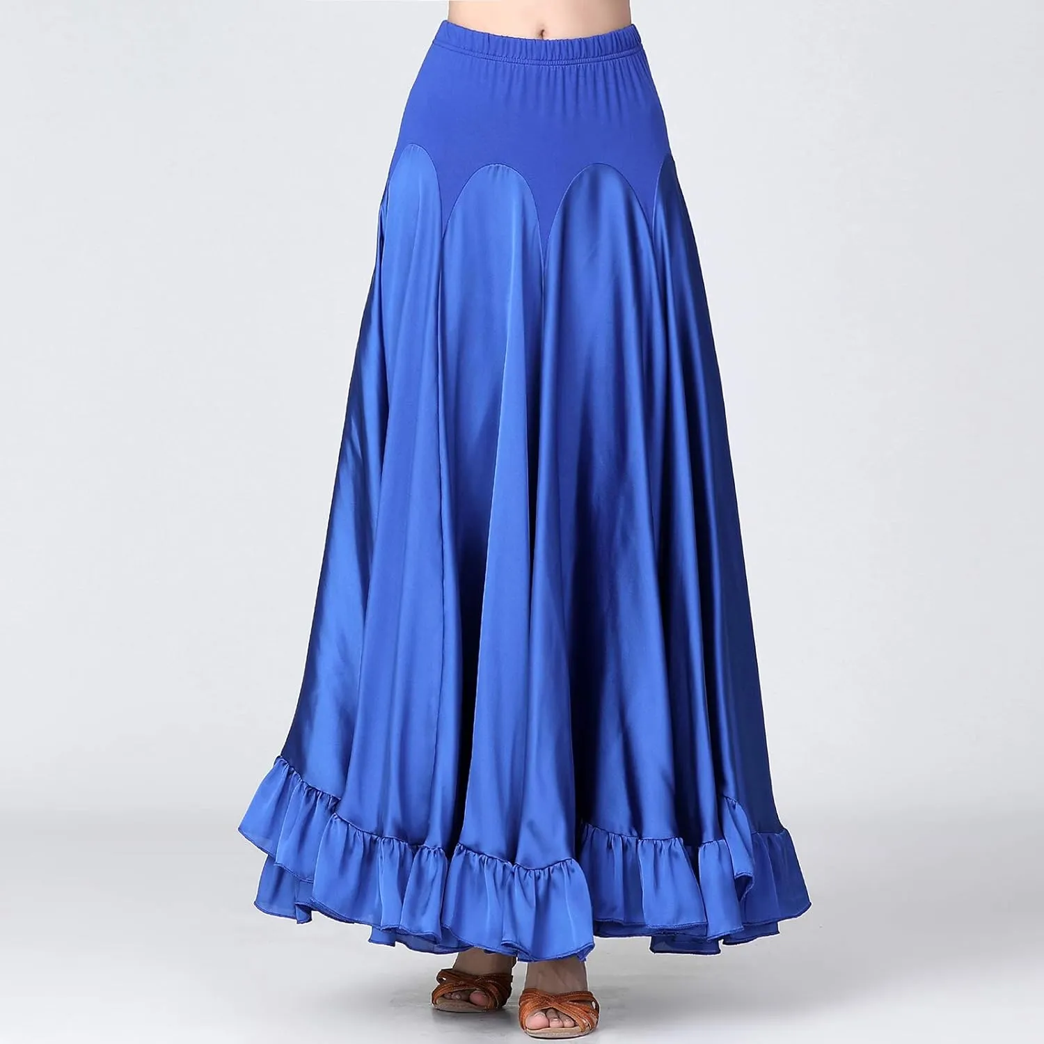 Whitewed Ruffle Hem Long Satin Godet Dance Skirt Maxi Ballroom Latin Practice Performance Costumes