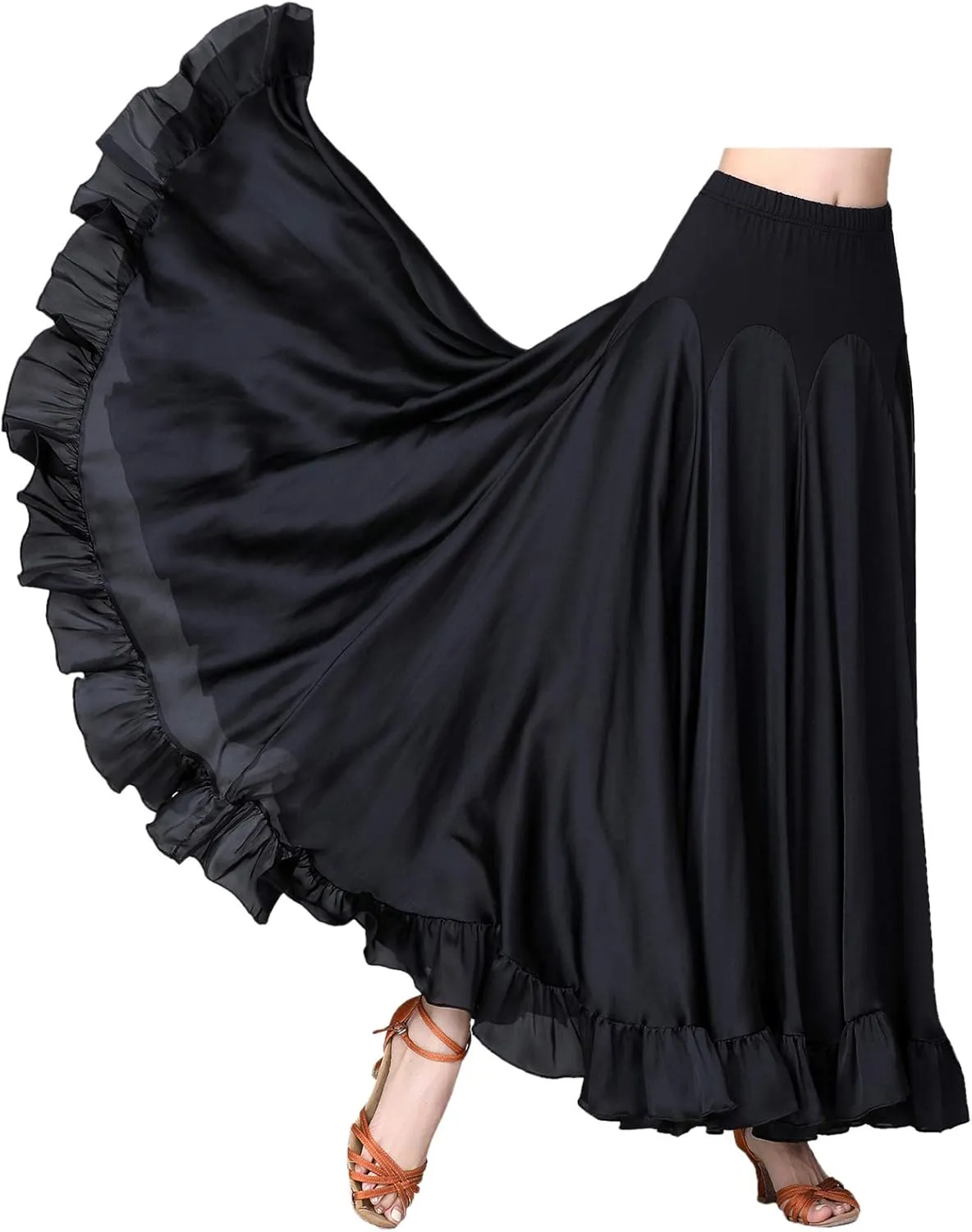 Whitewed Ruffle Hem Long Satin Godet Dance Skirt Maxi Ballroom Latin Practice Performance Costumes