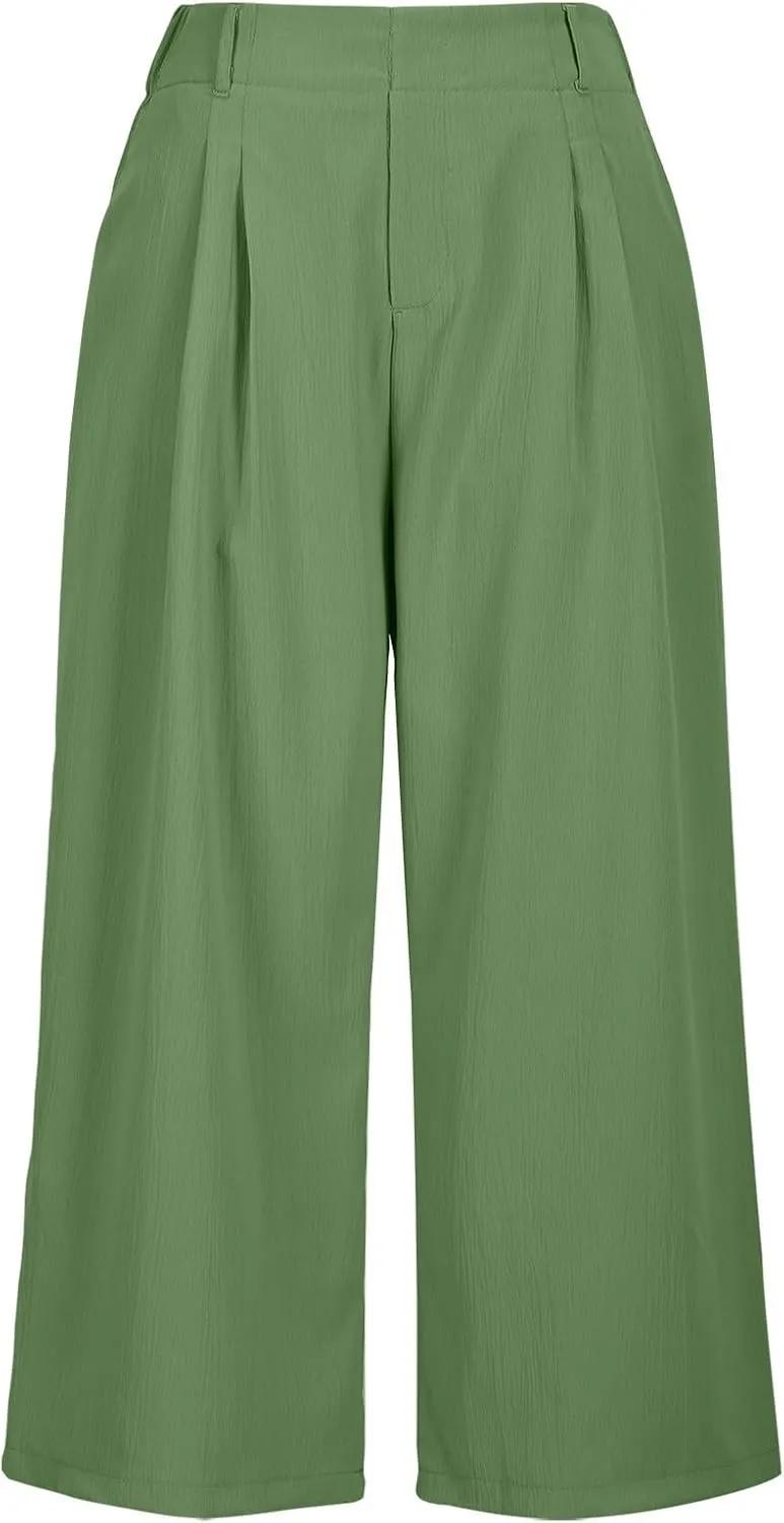 Wide Leg Capri Pants for Women Petite Linen Pants Women Summer Casual High Waisted Pants Trousers with Pockets