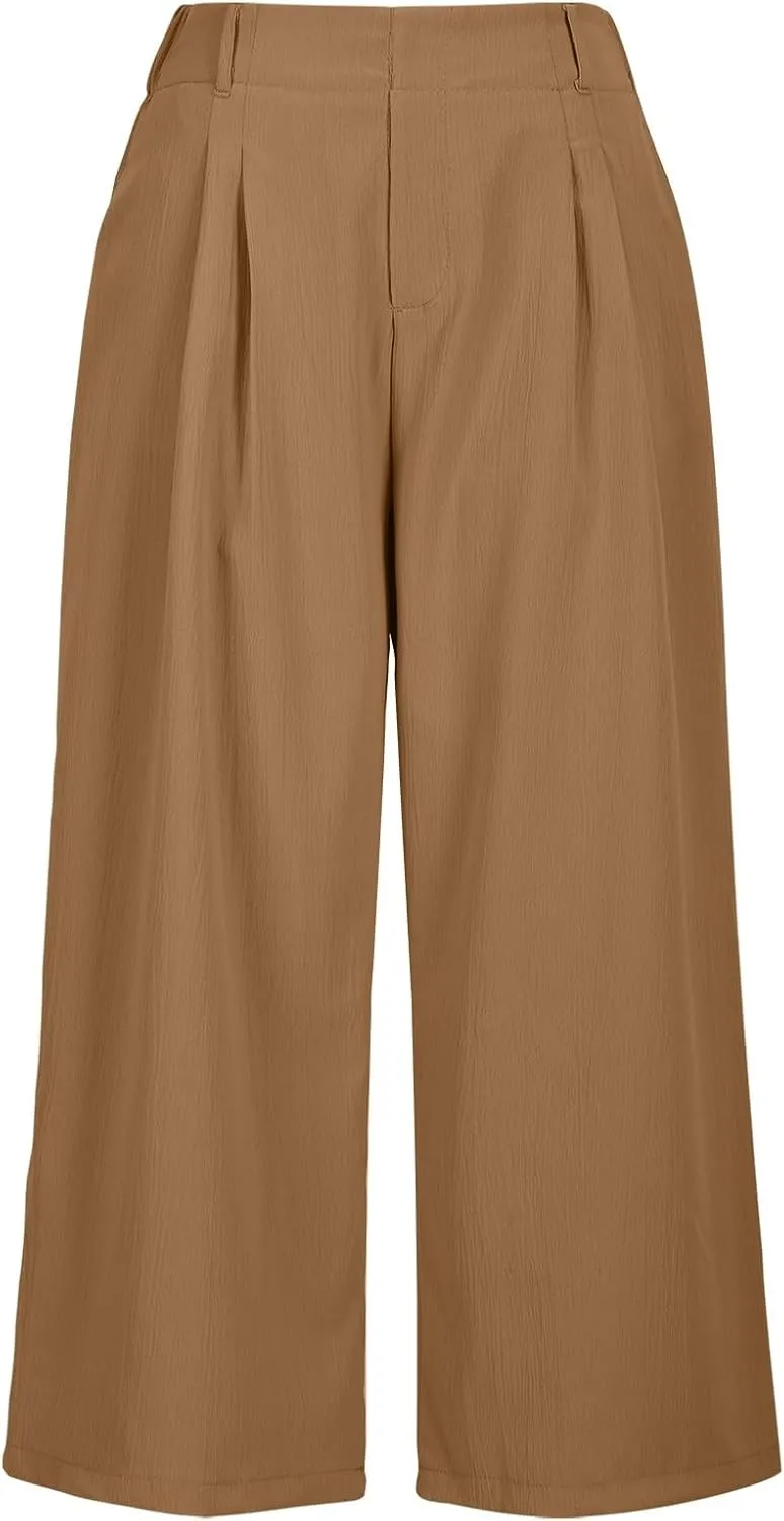 Wide Leg Capri Pants for Women Petite Linen Pants Women Summer Casual High Waisted Pants Trousers with Pockets