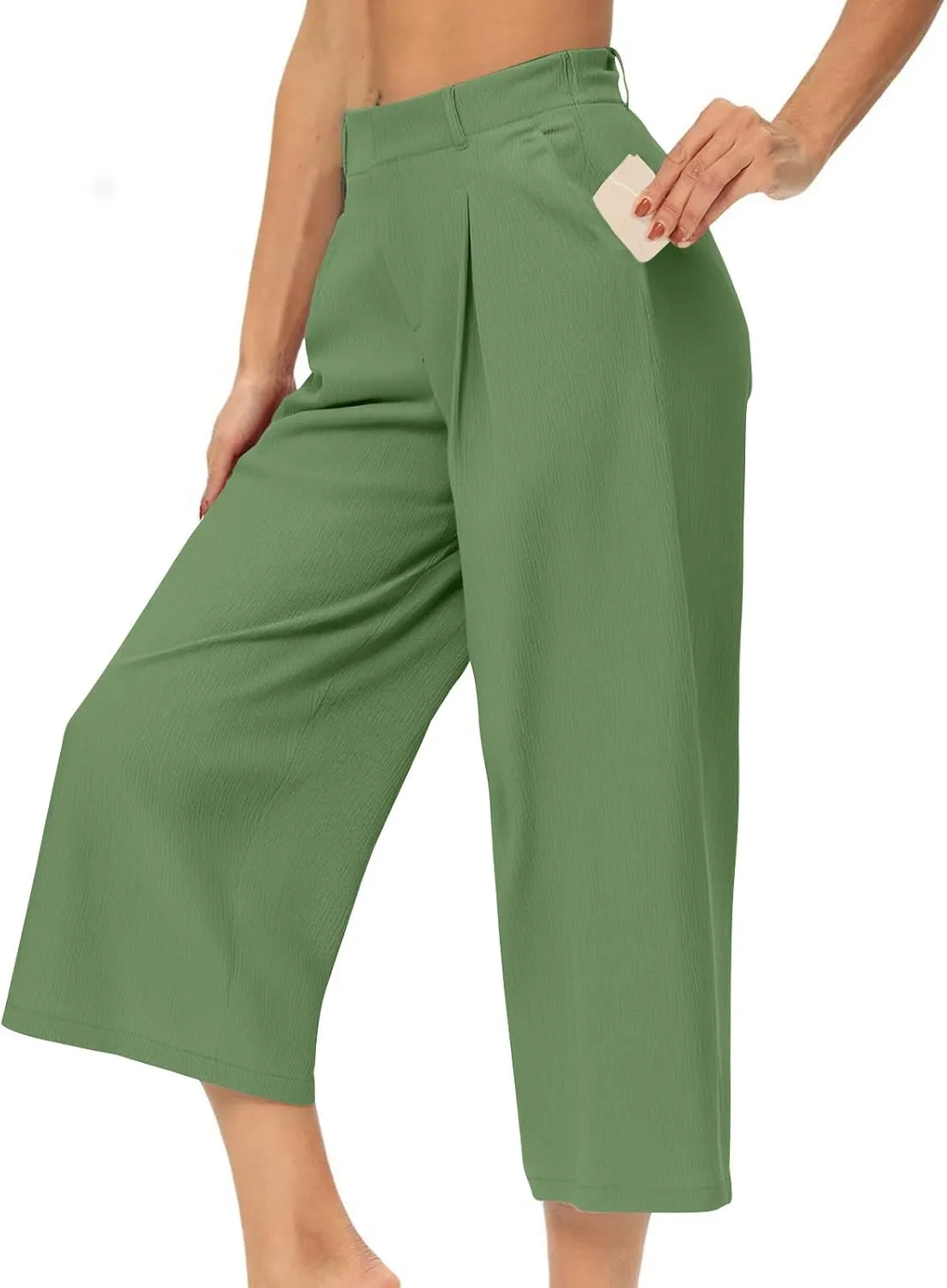Wide Leg Capri Pants for Women Petite Linen Pants Women Summer Casual High Waisted Pants Trousers with Pockets