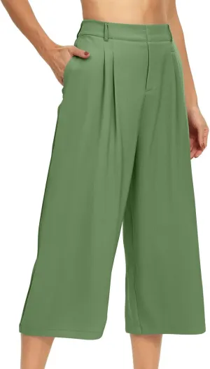 Wide Leg Capri Pants for Women Petite Linen Pants Women Summer Casual High Waisted Pants Trousers with Pockets